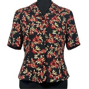 Pendleton Black Button-Up Blouse with Red Flowers, Size 10
